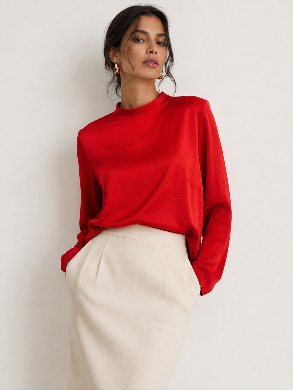 H&M Red Satin Mock Neck Long Sleeve Crepe Blouse Top Size 10